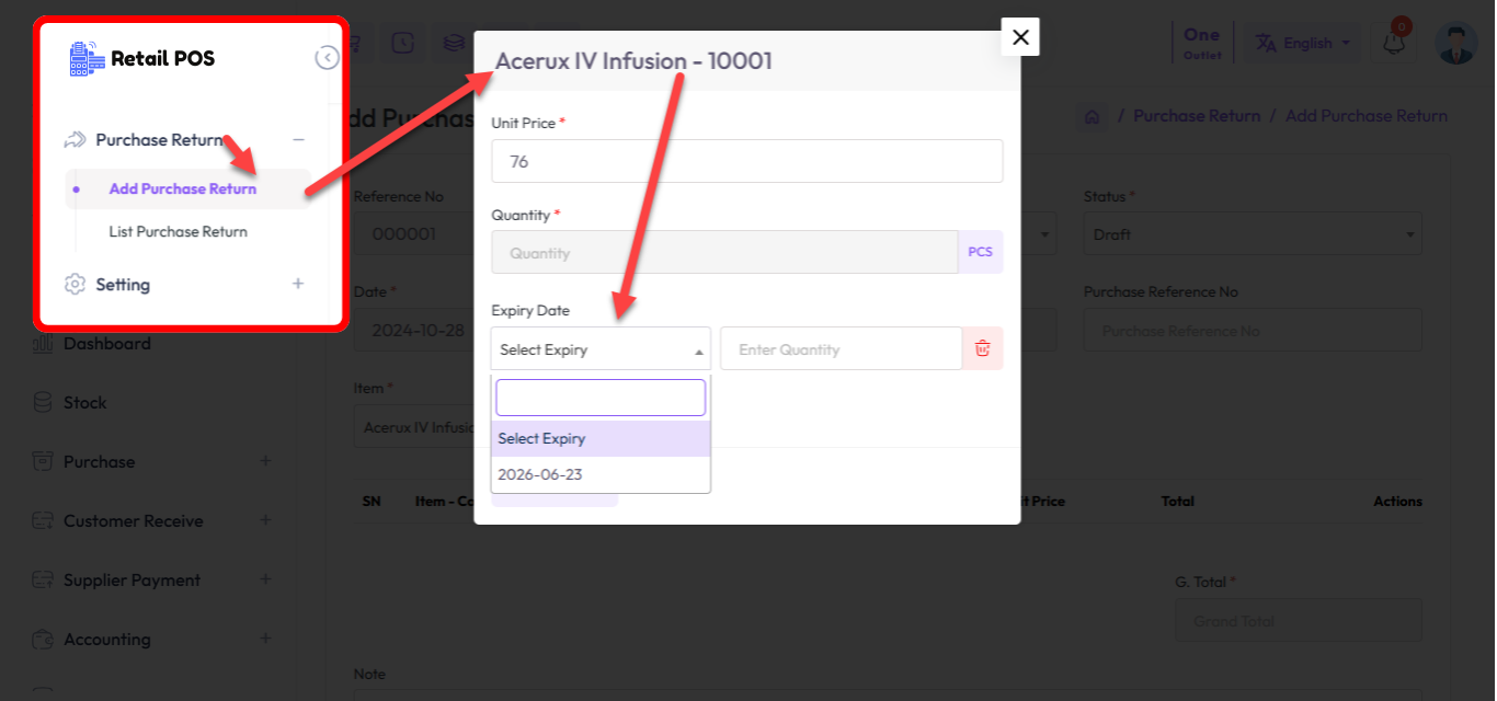 Medicine Purchase Return Stock